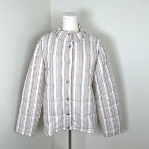 Hem & Thread Boutique Striped Puffer Jacket‎ Stand Snap Button Coat Large NEW
